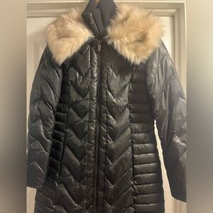 Black Quilted Coat with Faux Fur Trim